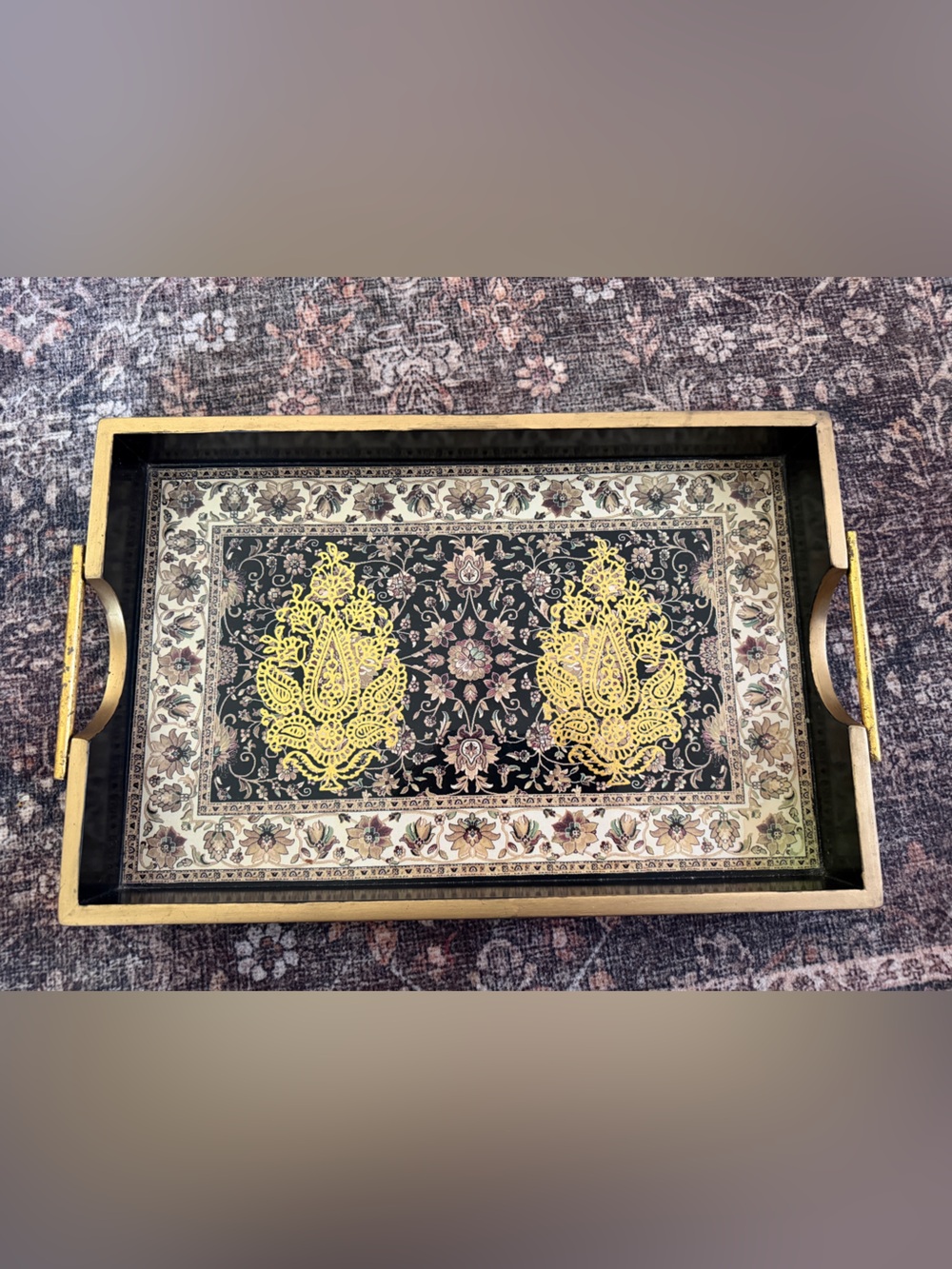 Decorative Paisley Large Serving Tray - Gold and Black